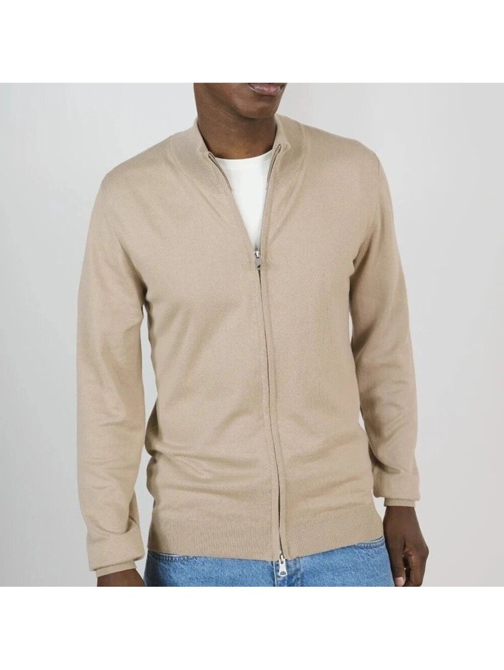 Matinique XL Beige Cream 100% Cotton Full Zip Mock Neck Knit Cardigan Sweater